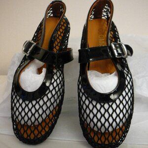 Olomisa Black Fish Net Mesh Slip On Ballet Flats Strap Buckle Closure-Size 6-NEW